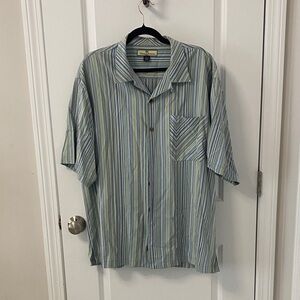 Tommy Bahama Blue and Green Striped Button Down Shirt 100% Silk